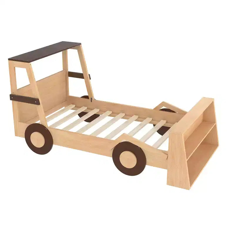 Lit de voiture double avec étagères de rangement, lit plateforme en bois en forme de voiture pour enfants