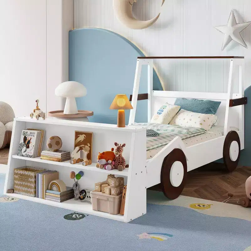 Lit de voiture double avec étagères de rangement, lit plateforme en bois en forme de voiture pour enfants