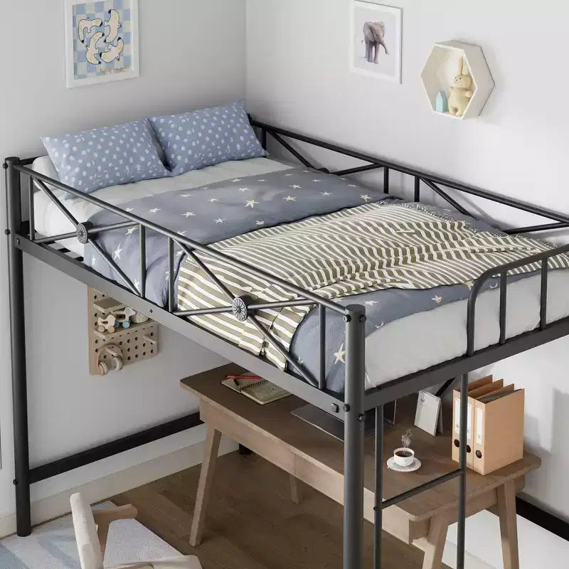 Lit mezzanine double en métal, lits mezzanines modernes robustes avec barrières de sécurité et design peu encombrant, lits mezzanines jumeaux en acier pour école, chambre à coucher