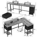 Qwatto Bureau d'angle en forme de L gris de 150 cm avec station de charge, bureau de jeu pour deux personnes, 4 tiroirs, 2 supports d'écran, poste de travail de bureau à domicile