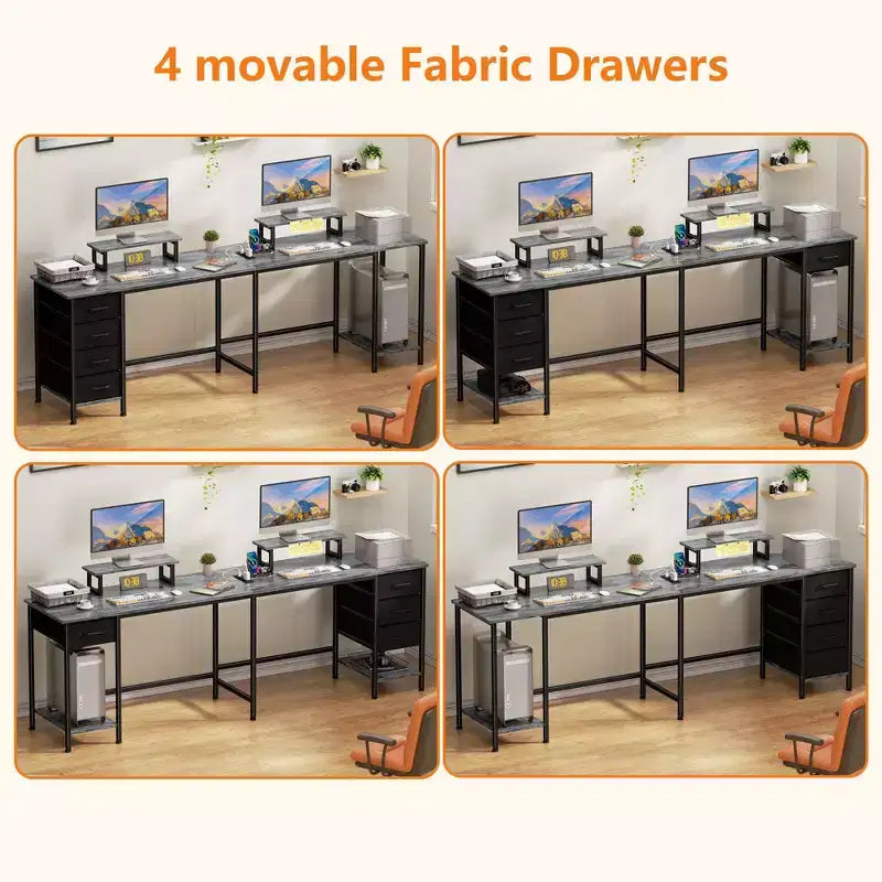 Qwatto Bureau d'angle en forme de L gris de 150 cm avec station de charge, bureau de jeu pour deux personnes, 4 tiroirs, 2 supports d'écran, poste de travail de bureau à domicile