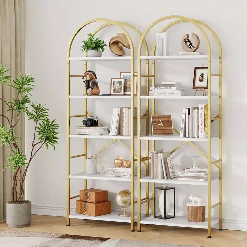 Étagère à livres arquée Celebalcony à 5 niveaux pour CD/livres, étagère de rangement pour bureau à domicile, bibliothèque moderne pour salon, dorée