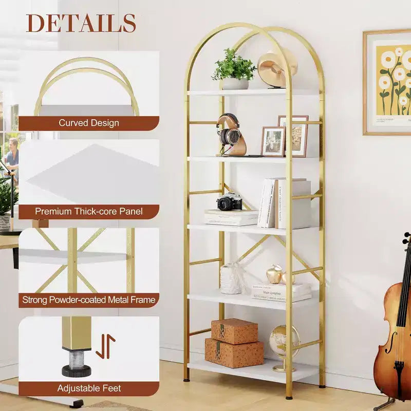 Étagère à livres arquée Celebalcony à 5 niveaux pour CD/livres, étagère de rangement pour bureau à domicile, bibliothèque moderne pour salon, dorée