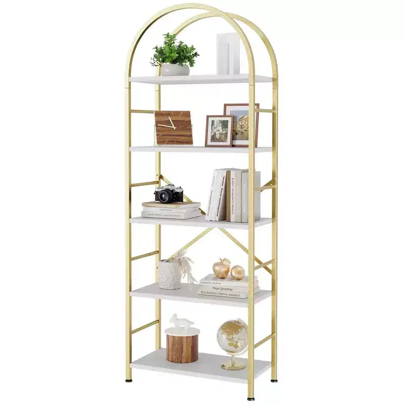 Étagère à livres arquée Celebalcony à 5 niveaux pour CD/livres, étagère de rangement pour bureau à domicile, bibliothèque moderne pour salon, dorée