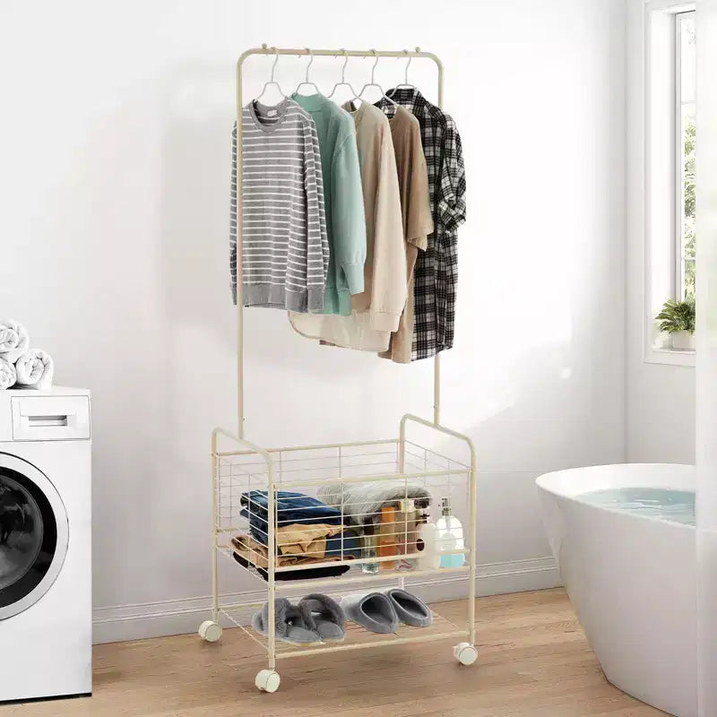 Portant à vêtements avec panier à linge, panier à linge roulant en métal, étendoir à linge sur roulettes, avec panier de rangement et étagère, adapté aux appartements