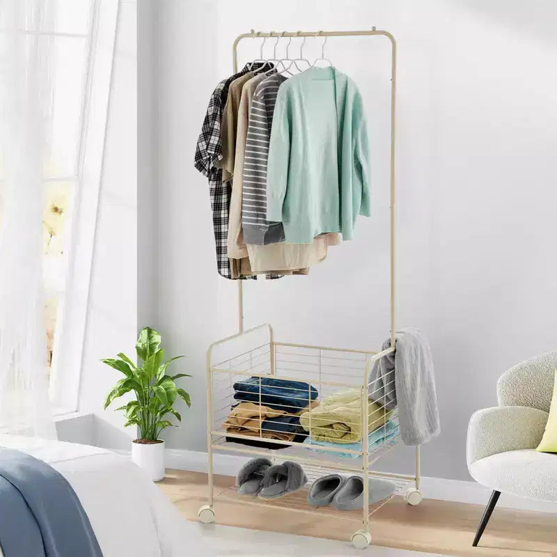 Portant à vêtements avec panier à linge, panier à linge roulant en métal, étendoir à linge sur roulettes, avec panier de rangement et étagère, adapté aux appartements
