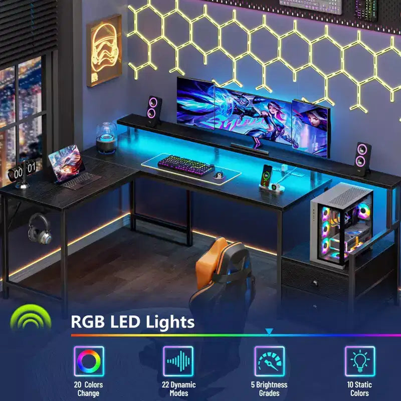 Qwatto Bureau d'angle en L noir de 66 pouces avec station de charge, bureau de jeu réversible, lumières LED, 2 tiroirs, support d'écran, rangement, pour bureau à domicile