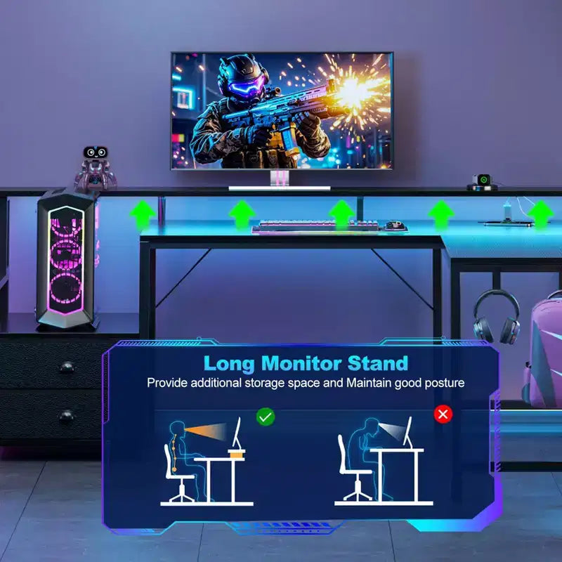 Qwatto Bureau d'angle en L noir de 66 pouces avec station de charge, bureau de jeu réversible, lumières LED, 2 tiroirs, support d'écran, rangement, pour bureau à domicile