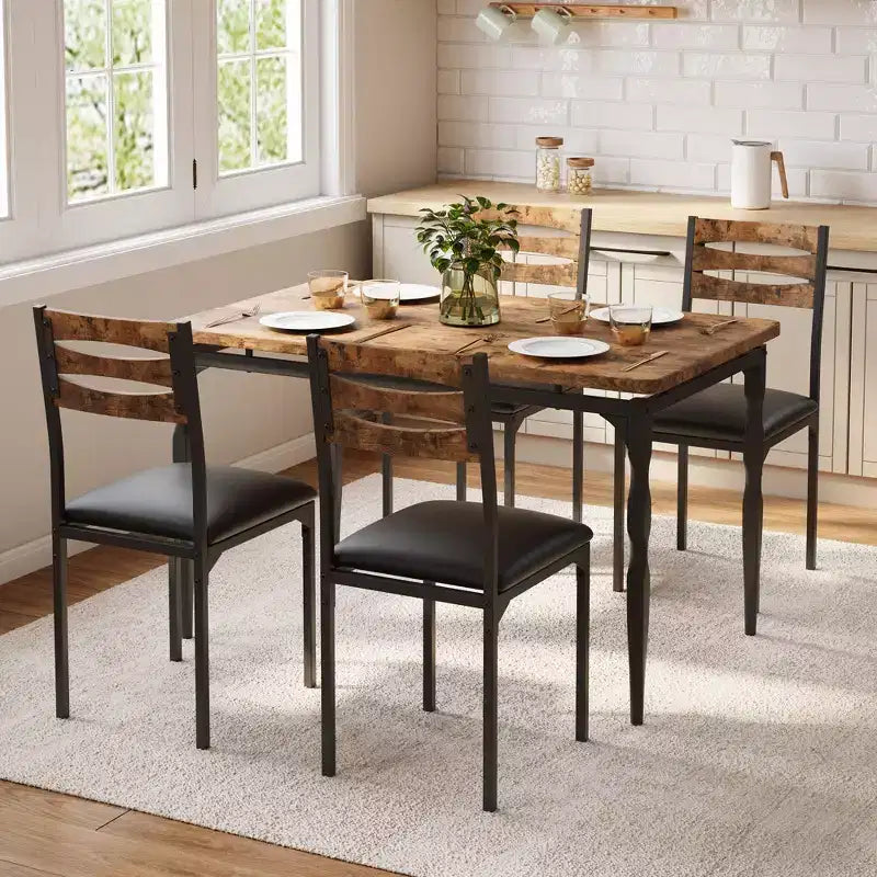 Ensemble Table et Chaises de Salle à Manger, Table de Cuisine Rectangulaire Compacte avec 4 Chaises, Cadre en Métal, Coussins Moelleux, pour Salle à Manger, Cuisine, Appartement