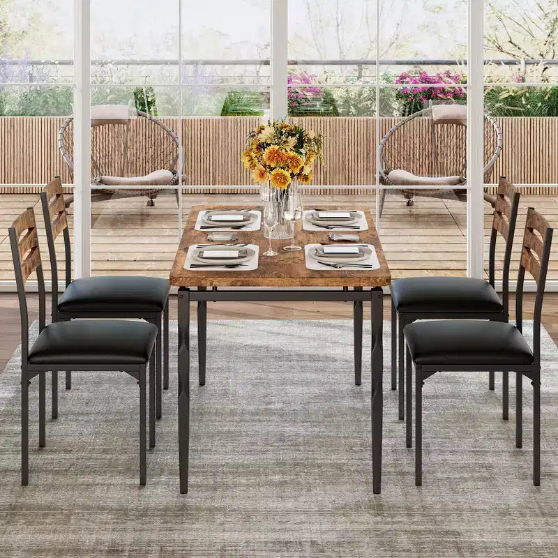 Ensemble Table et Chaises de Salle à Manger, Table de Cuisine Rectangulaire Compacte avec 4 Chaises, Cadre en Métal, Coussins Moelleux, pour Salle à Manger, Cuisine, Appartement