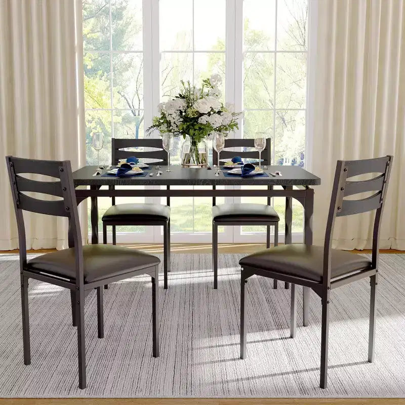 Dining Table and Chairs Set, Space-Saving Rectangular Kitchen Table with 4 Chairs, Metal Frame, Soft Cushions, for Dining Room Kitchen Apartment