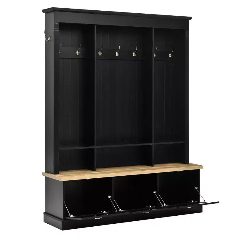 Meuble d'entrée intelligent à LED ModernLuxe avec banc de rangement, porte-manteau d'entrée avec 9 crochets et 3 compartiments à chaussures rabattables