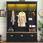 Meuble d'entrée intelligent à LED ModernLuxe avec banc de rangement, porte-manteau d'entrée avec 9 crochets et 3 compartiments à chaussures rabattables