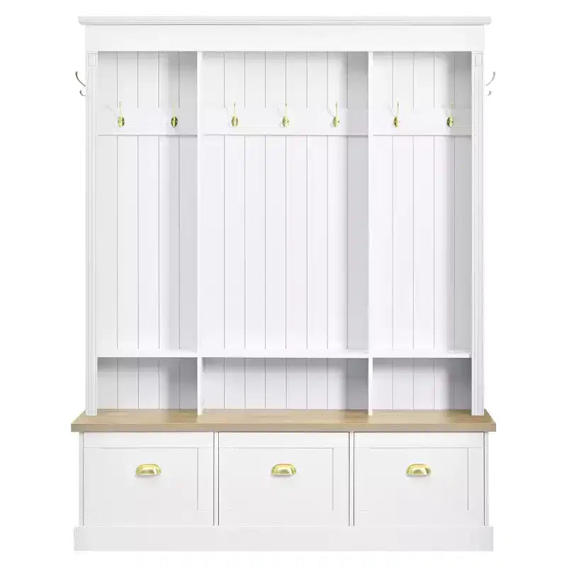Meuble d'entrée intelligent à LED ModernLuxe avec banc de rangement, porte-manteau d'entrée avec 9 crochets et 3 compartiments à chaussures rabattables