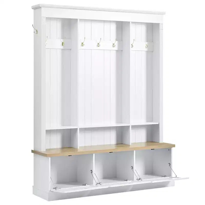 Meuble d'entrée intelligent à LED ModernLuxe avec banc de rangement, porte-manteau d'entrée avec 9 crochets et 3 compartiments à chaussures rabattables