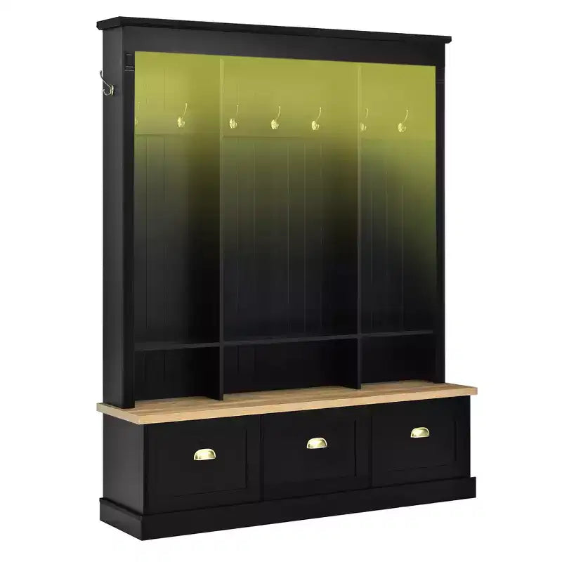 Meuble d'entrée intelligent à LED ModernLuxe avec banc de rangement, porte-manteau d'entrée avec 9 crochets et 3 compartiments à chaussures rabattables