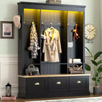ModernLuxe Smart LED Hall Tree with Storage Bench, Coat Rack Entryway Organizer with 9 Hooks & 3 Flip-Down Shoe Cabinets