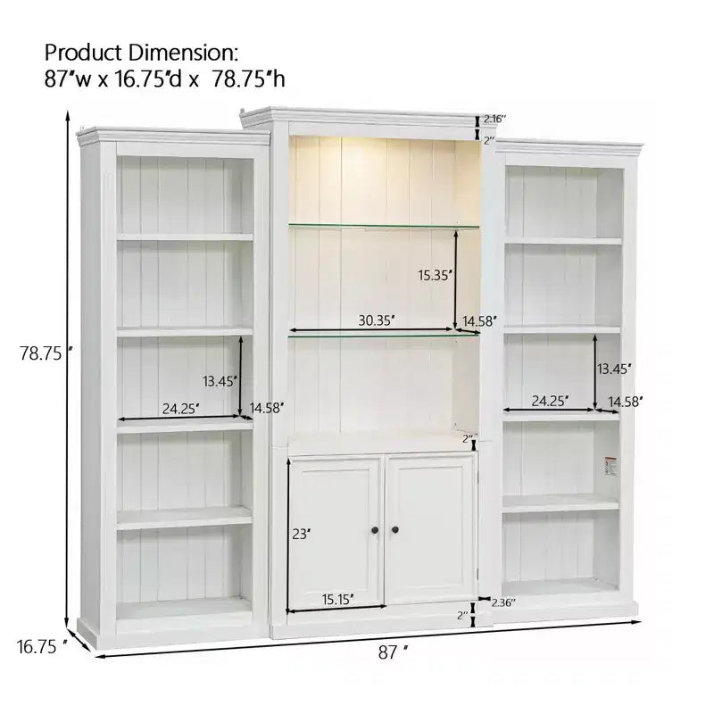 Bibliothèque et vitrine 3 pièces de 199,9 cm de haut avec éclairage 5 couleurs, étagères en verre trempé