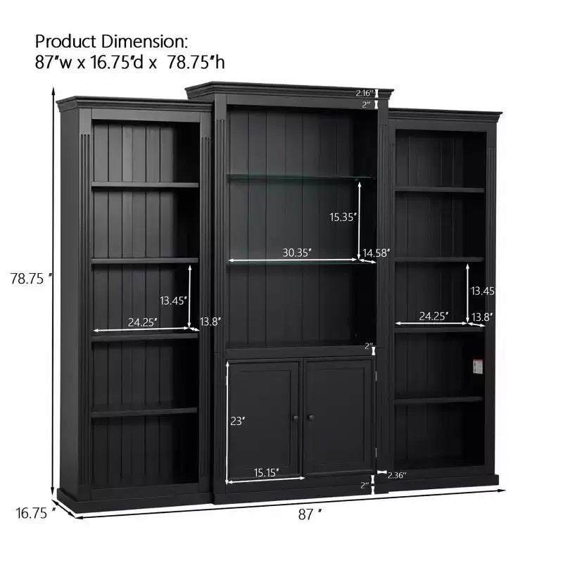 Bibliothèque et vitrine 3 pièces de 199,9 cm de haut avec éclairage 5 couleurs, étagères en verre trempé