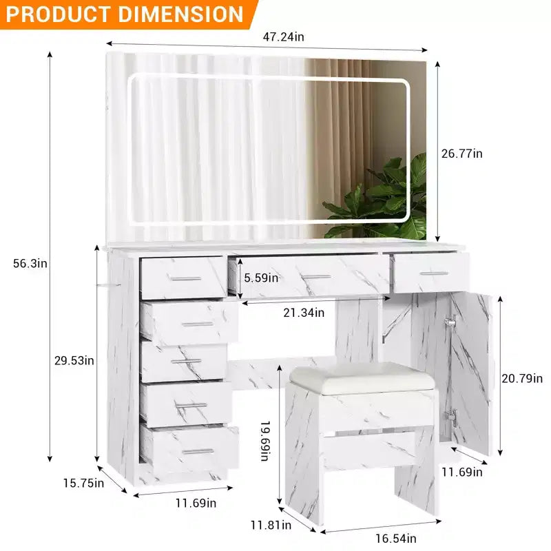 Coiffeuse de maquillage moderne avec 7 tiroirs, grand miroir, 3 modes réglables, support pour sèche-cheveux, ensemble de table de chevet pour chambre à coucher