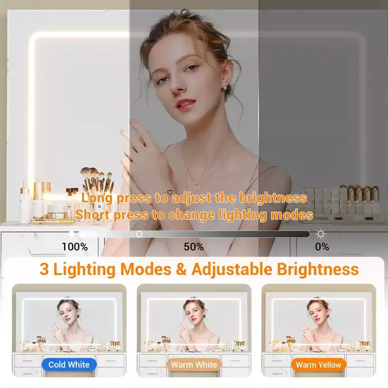 Coiffeuse de maquillage moderne avec 7 tiroirs, grand miroir, 3 modes réglables, support pour sèche-cheveux, ensemble de table de chevet pour chambre à coucher
