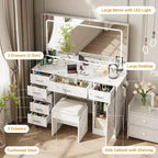 Coiffeuse de maquillage moderne avec 7 tiroirs, grand miroir, 3 modes réglables, support pour sèche-cheveux, ensemble de table de chevet pour chambre à coucher