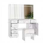 Coiffeuse de maquillage moderne avec 7 tiroirs, grand miroir, 3 modes réglables, support pour sèche-cheveux, ensemble de table de chevet pour chambre à coucher