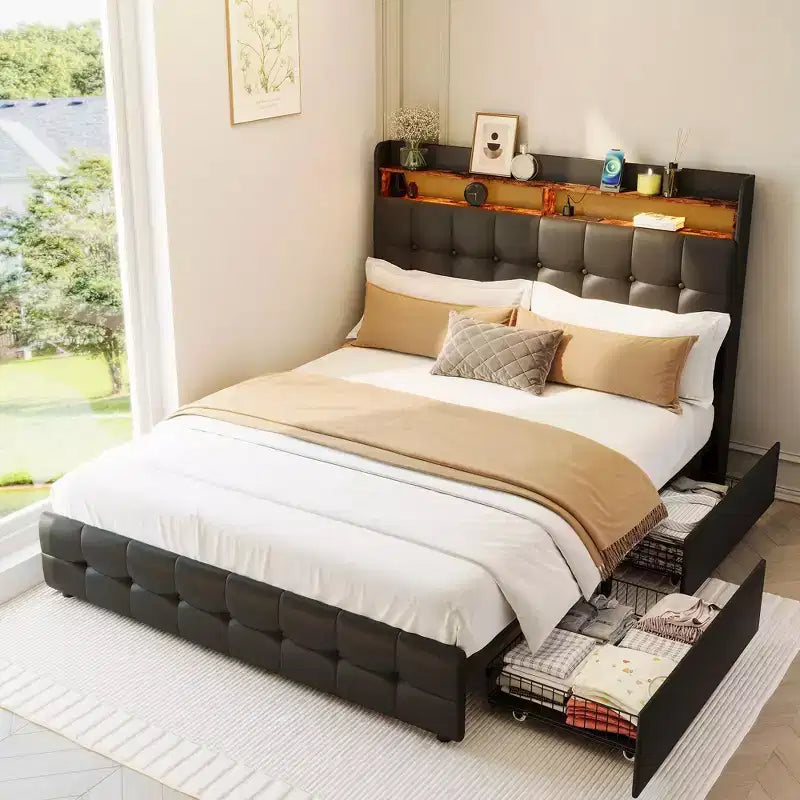 Cadre de lit Queen Size avec 2 tiroirs de rangement, cadre de lit rembourré Queen avec lumière LED, tête de lit double couche