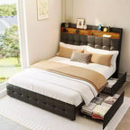 Cadre de lit Queen Size avec 2 tiroirs de rangement, cadre de lit rembourré Queen avec lumière LED, tête de lit double couche