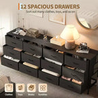 Meubles TV de 70 pouces pour salon, 12 tiroirs en tissu, station de charge, long meuble TV jusqu'à 80 pouces, table console média avec rangement