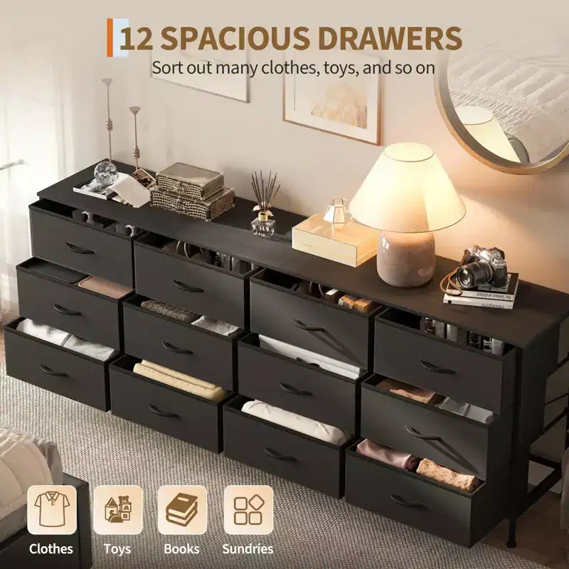 Meubles TV de 70 pouces pour salon, 12 tiroirs en tissu, station de charge, long meuble TV jusqu'à 80 pouces, table console média avec rangement