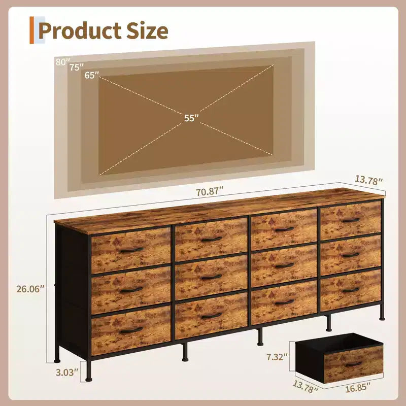 Meubles TV de 70 pouces pour salon, 12 tiroirs en tissu, station de charge, long meuble TV jusqu'à 80 pouces, table console média avec rangement