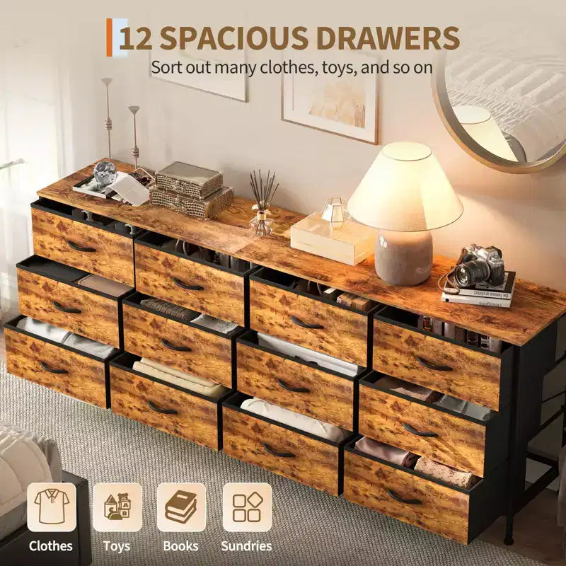 Meubles TV de 70 pouces pour salon, 12 tiroirs en tissu, station de charge, long meuble TV jusqu'à 80 pouces, table console média avec rangement
