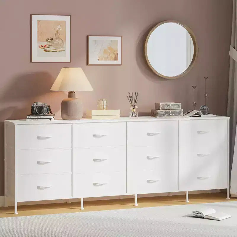 Meubles TV de 70 pouces pour salon, 12 tiroirs en tissu, station de charge, long meuble TV jusqu'à 80 pouces, table console média avec rangement