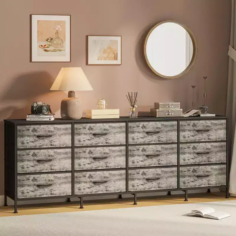 Meubles TV de 70 pouces pour salon, 12 tiroirs en tissu, station de charge, long meuble TV jusqu'à 80 pouces, table console média avec rangement