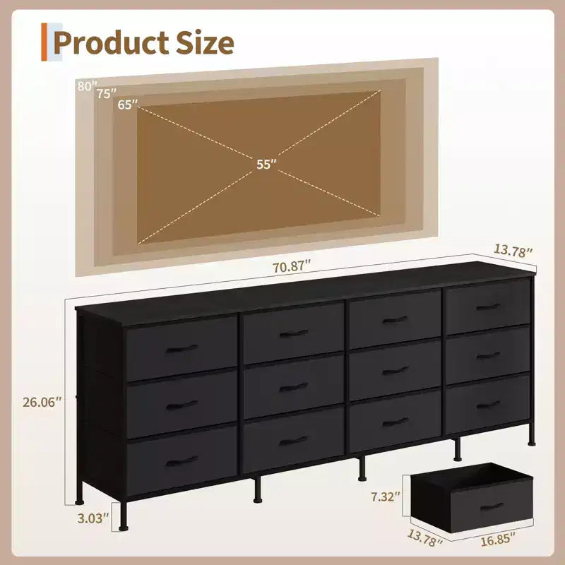 Meubles TV de 70 pouces pour salon, 12 tiroirs en tissu, station de charge, long meuble TV jusqu'à 80 pouces, table console média avec rangement