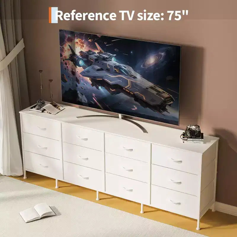 Meubles TV de 70 pouces pour salon, 12 tiroirs en tissu, station de charge, long meuble TV jusqu'à 80 pouces, table console média avec rangement
