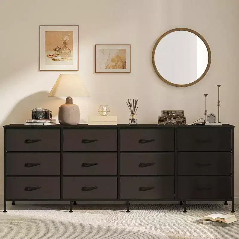Meubles TV de 70 pouces pour salon, 12 tiroirs en tissu, station de charge, long meuble TV jusqu'à 80 pouces, table console média avec rangement