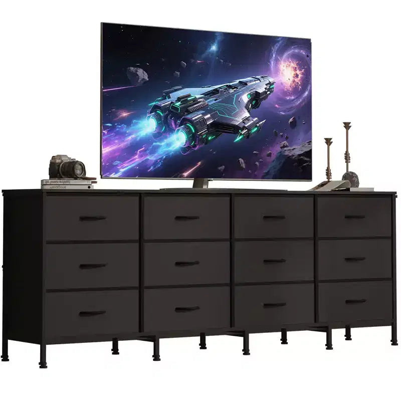 Meubles TV de 70 pouces pour salon, 12 tiroirs en tissu, station de charge, long meuble TV jusqu'à 80 pouces, table console média avec rangement