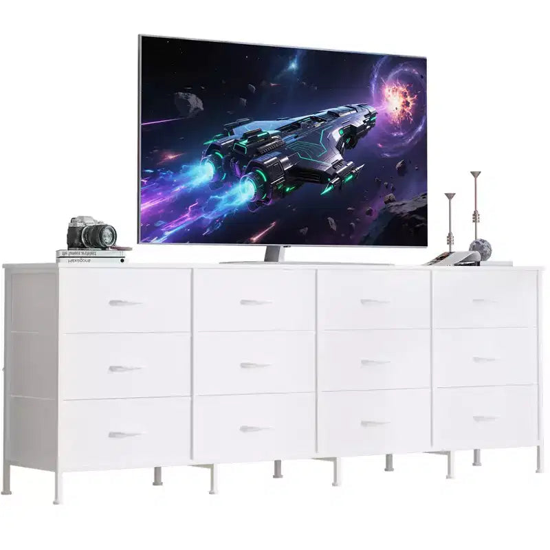 70 Inch TV Stands for Living Room, 12 Fabric Drawers, Charging Station, Long Entertainment Center Up to 80 Inch TV, Media Console Table with Storage
