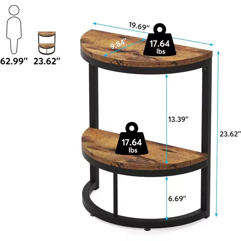 Table d'appoint semi-circulaire Lantine avec étagère de rangement, Petite table d'appoint demi-ronde pour canapé, salon, chambre, Marron rustique et noir, Montage facile