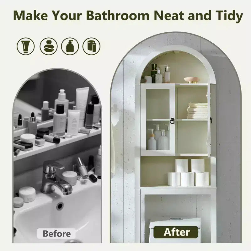 Meuble de rangement arqué au-dessus des toilettes avec portes en acrylique, étagère de salle de bain, meuble de salle de bain moderne avec étagère réglable