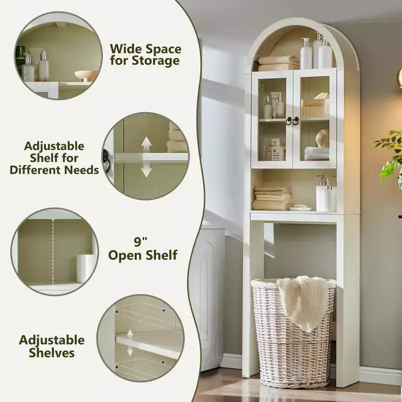 Meuble de rangement arqué au-dessus des toilettes avec portes en acrylique, étagère de salle de bain, meuble de salle de bain moderne avec étagère réglable