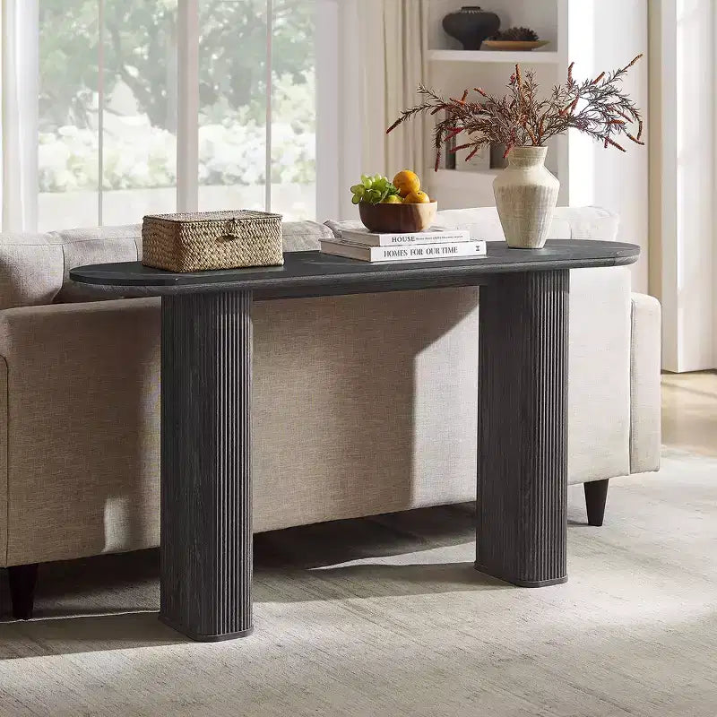Console moderne de 63 po, tables d'entrée étroites pour couloir, plateau en faux marbre avec texture en arc, table d'appoint canapé cannelée pour salon
