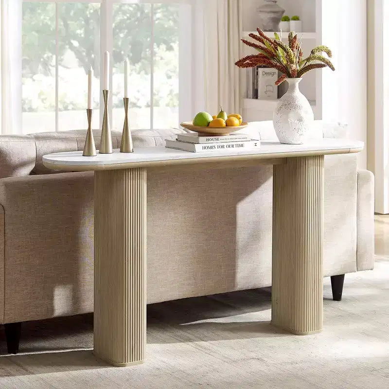 Console moderne de 63 po, tables d'entrée étroites pour couloir, plateau en faux marbre avec texture en arc, table d'appoint canapé cannelée pour salon