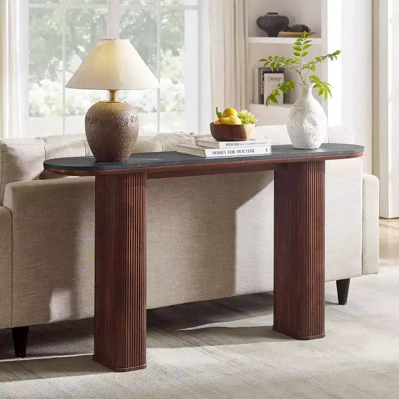 Console moderne de 63 po, tables d'entrée étroites pour couloir, plateau en faux marbre avec texture en arc, table d'appoint canapé cannelée pour salon
