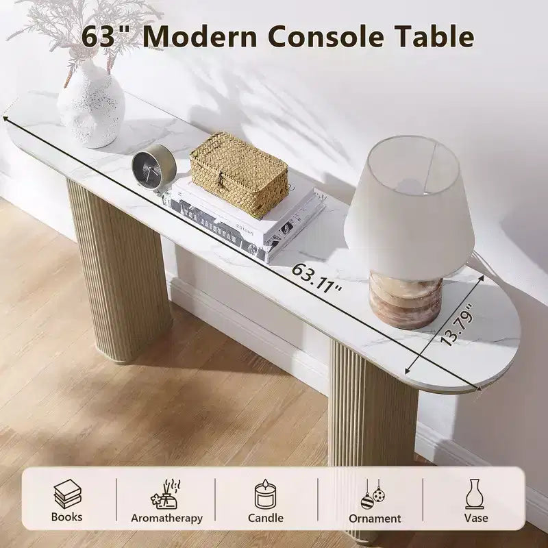 Console moderne de 63 po, tables d'entrée étroites pour couloir, plateau en faux marbre avec texture en arc, table d'appoint canapé cannelée pour salon