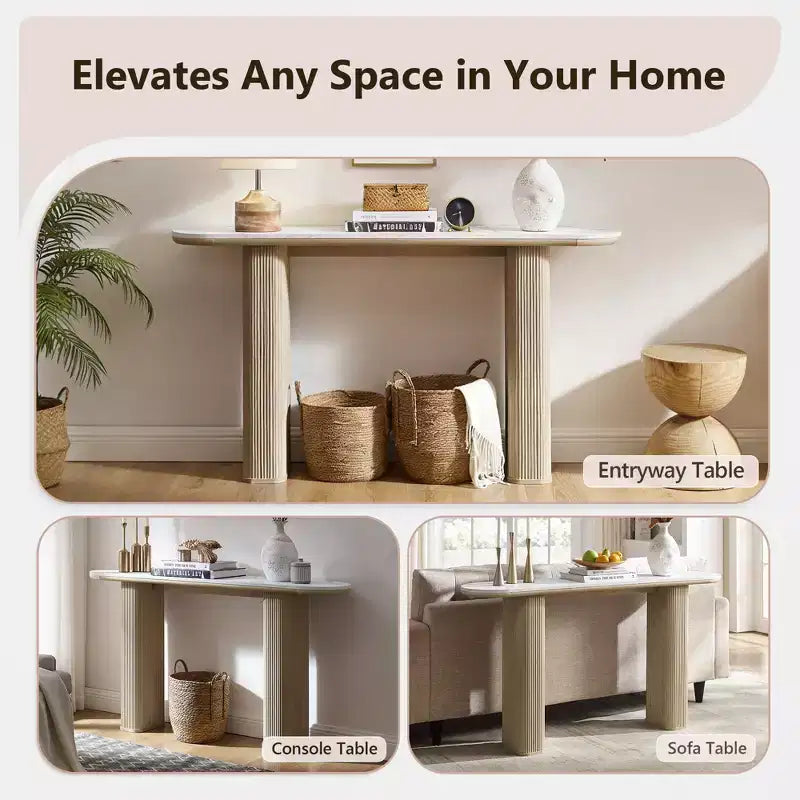 Console moderne de 63 po, tables d'entrée étroites pour couloir, plateau en faux marbre avec texture en arc, table d'appoint canapé cannelée pour salon