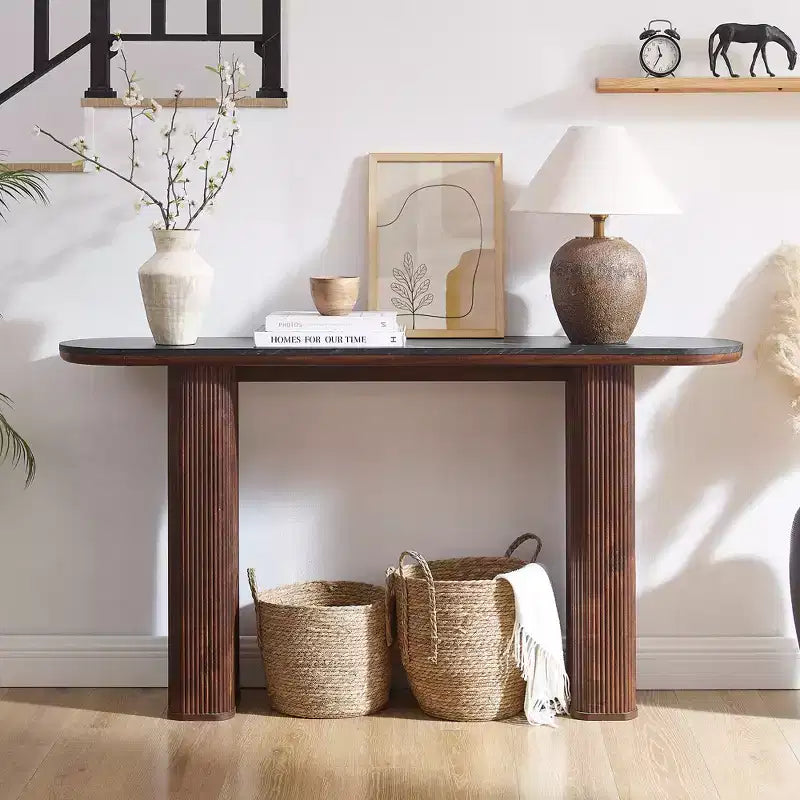 Console moderne de 63 po, tables d'entrée étroites pour couloir, plateau en faux marbre avec texture en arc, table d'appoint canapé cannelée pour salon