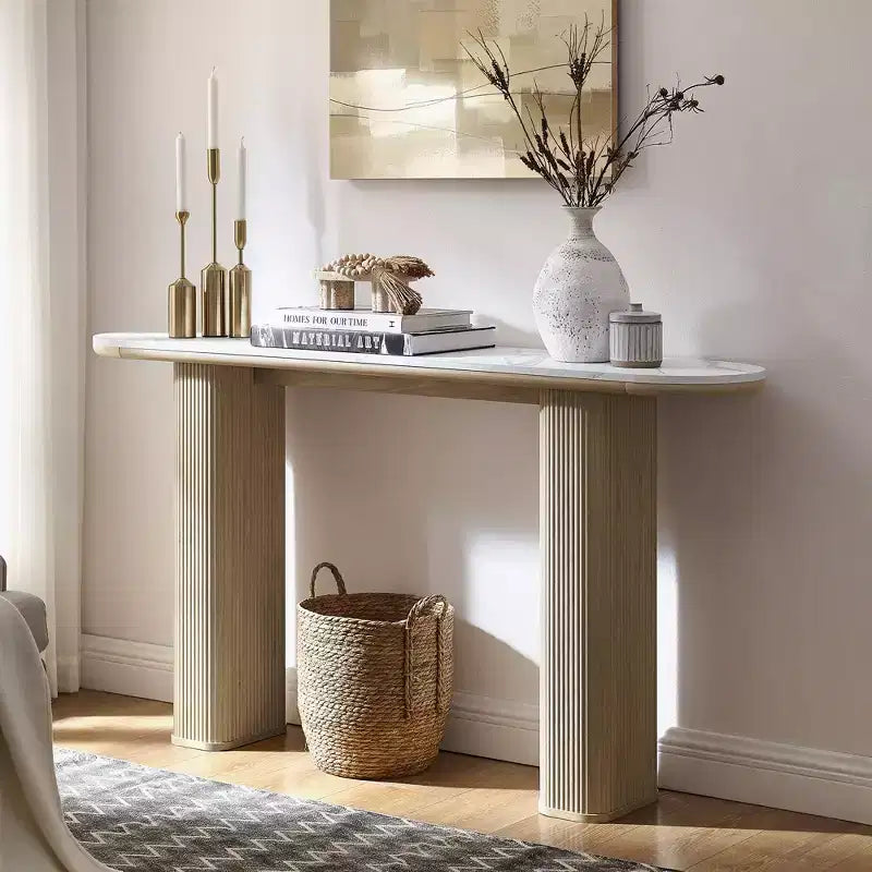 Console moderne de 63 po, tables d'entrée étroites pour couloir, plateau en faux marbre avec texture en arc, table d'appoint canapé cannelée pour salon